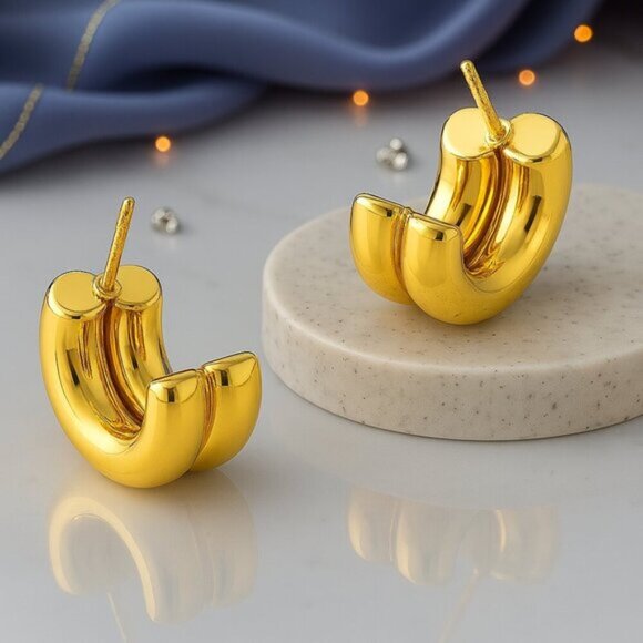 🆕Chunky Dome C-Hoop Earrings 18K Gold Plated Stainless Steel Modern Trendy - Picture 9 of 11